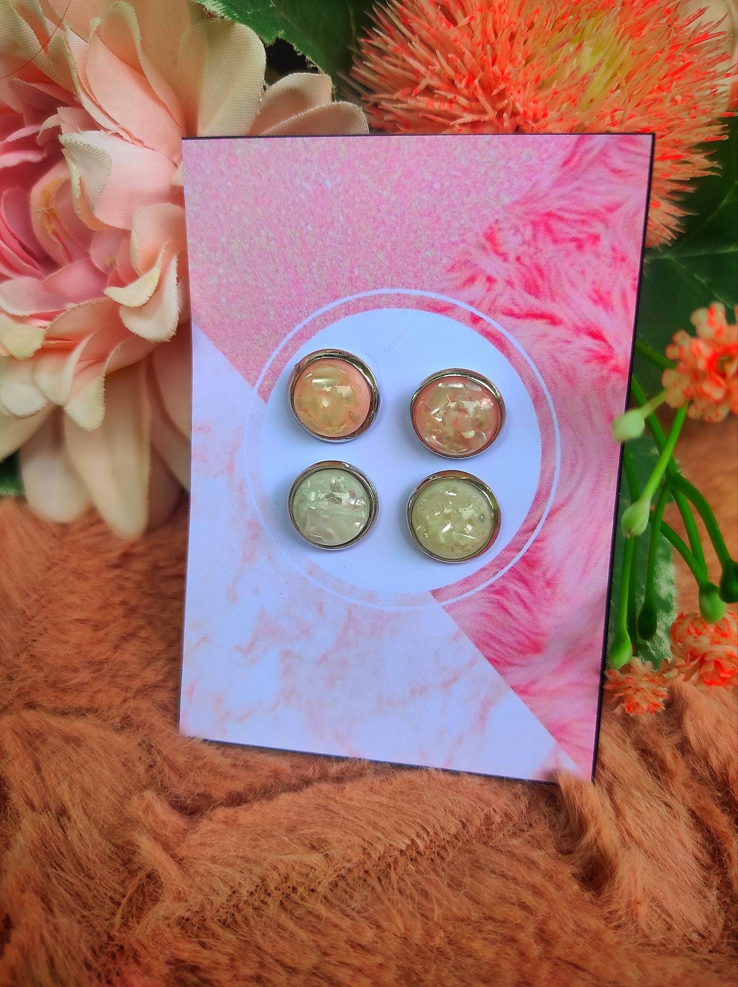 Druzy fülbevaló szett rózsaszín fehér